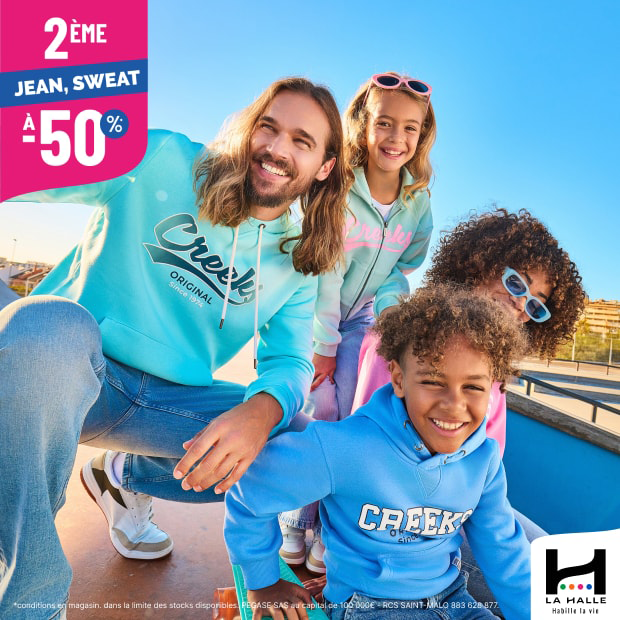 Pour tout jean ou sweat acheté, profitez de moins 50% sur le moins cher des deux !